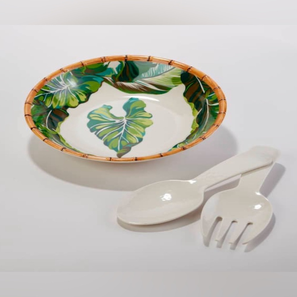 Tommy Bahama Large Palm Bamboo Salad Serving Bowl w/Utensils. 100% Melamine. NEW